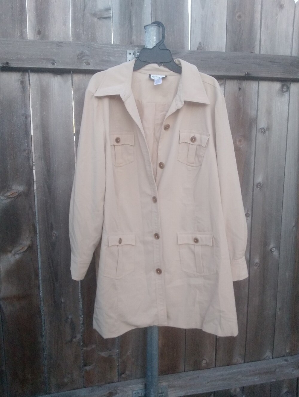 Mary McFadden Dress Shirt Utility Shacket Lined Safari Pockets Tan Womens 20W